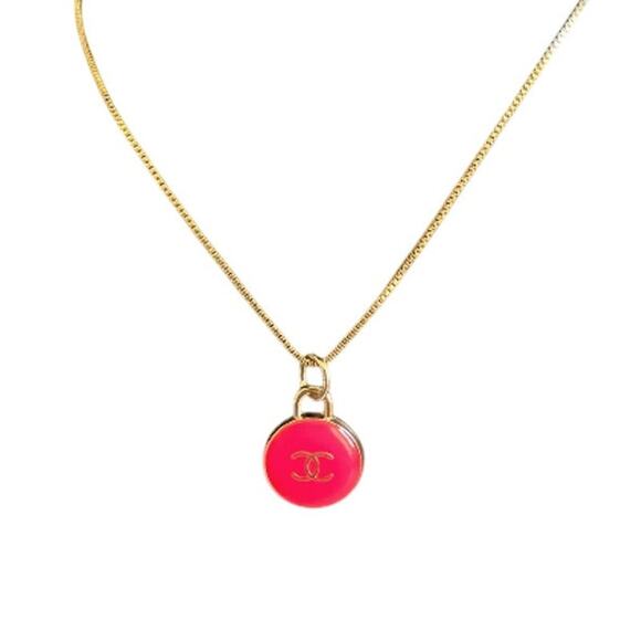 Chanel Bold Pink & Gold Circle CC Pendant Box Cable Necklace (CCXX033) - Picture 1 of 4
